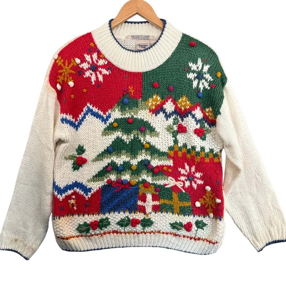 Huntington Ridge Vintage Christmas Holiday 3D Hand Knit Crewneck Sweater Women M